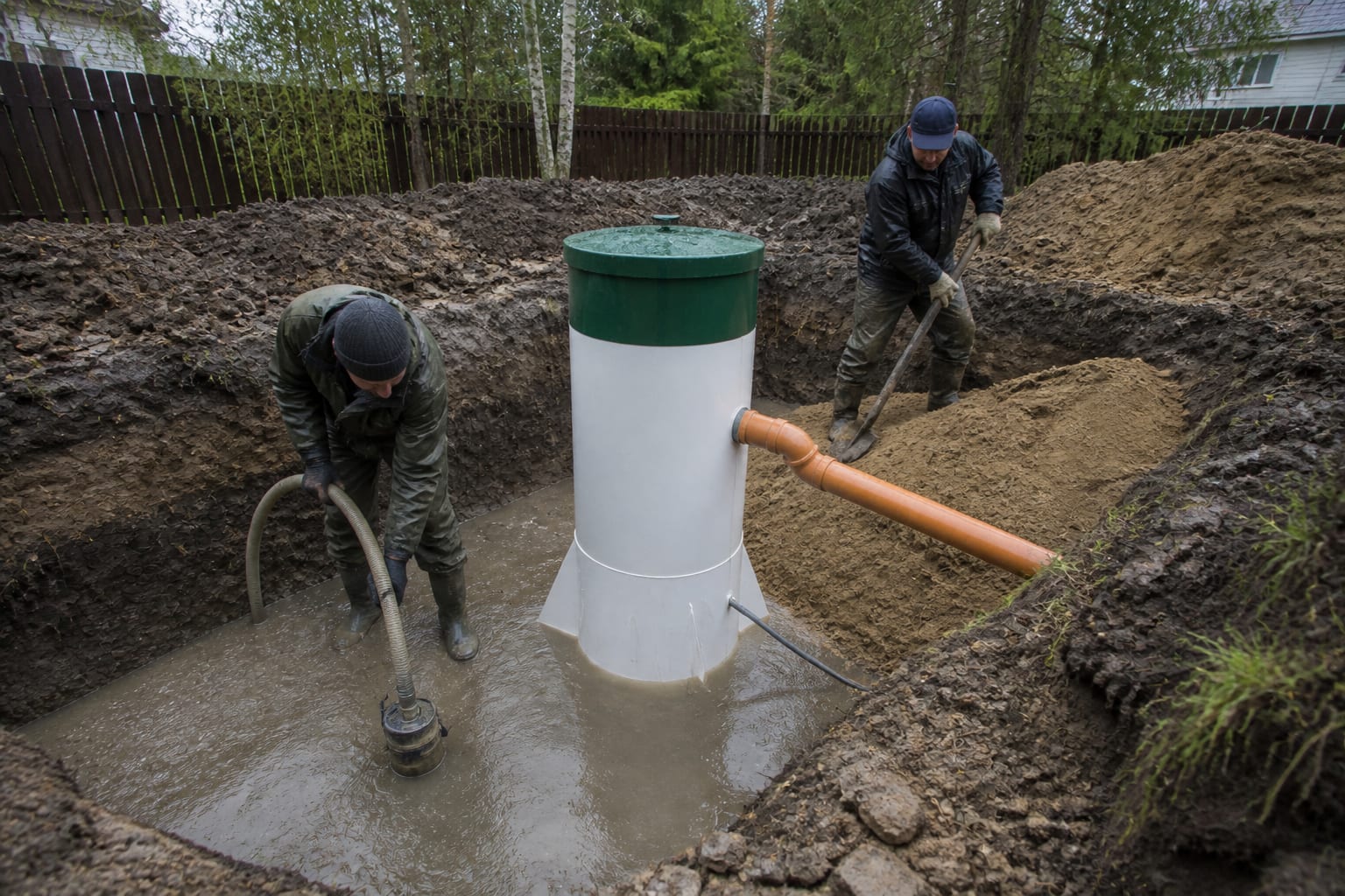 Иллюстрация: установка станции при высокой грунтовой воде, с водопонижением